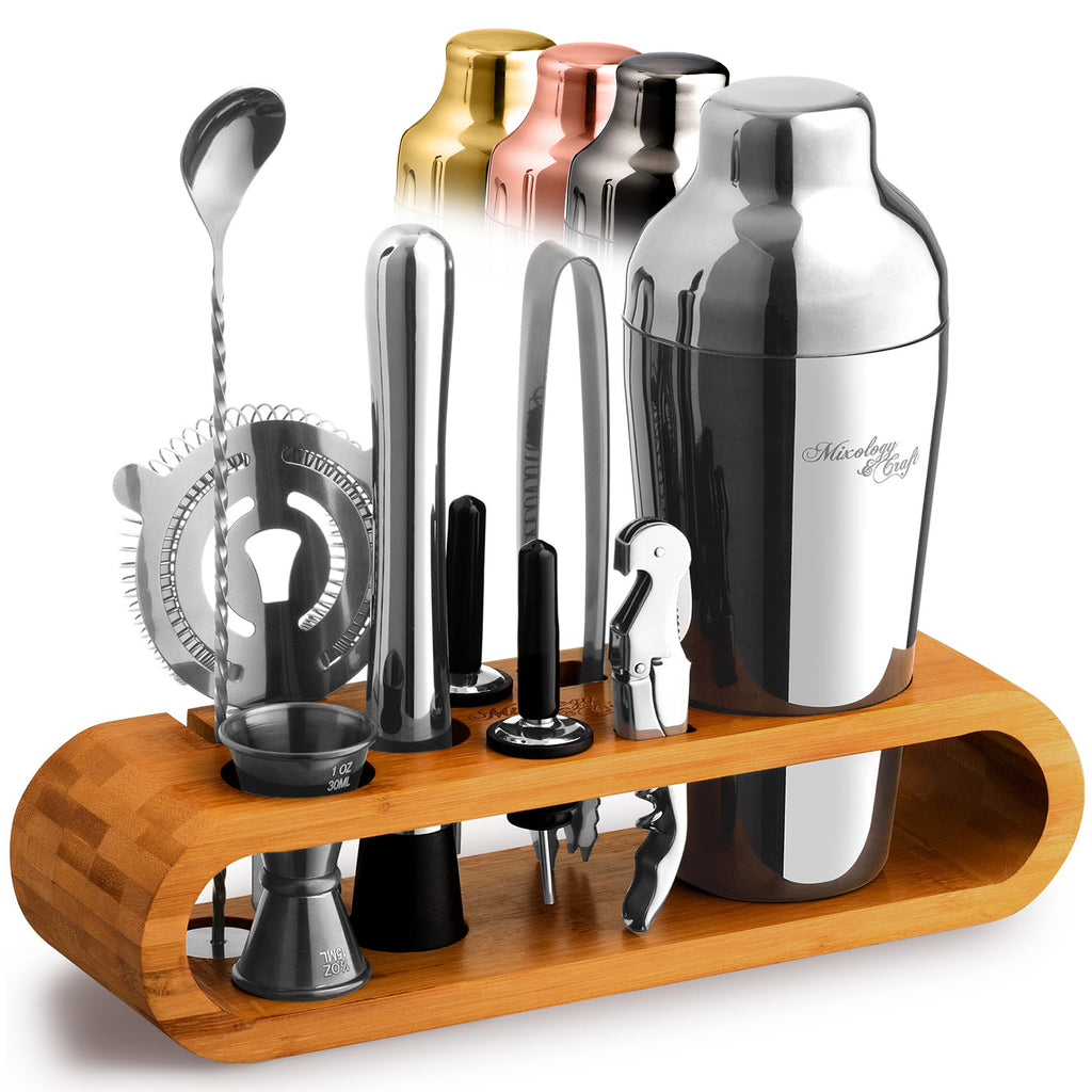 Cocktail Shaker Set – 10-Piece Bartender Kit with Oval Bamboo Stand - Silver by Mixology & Craft