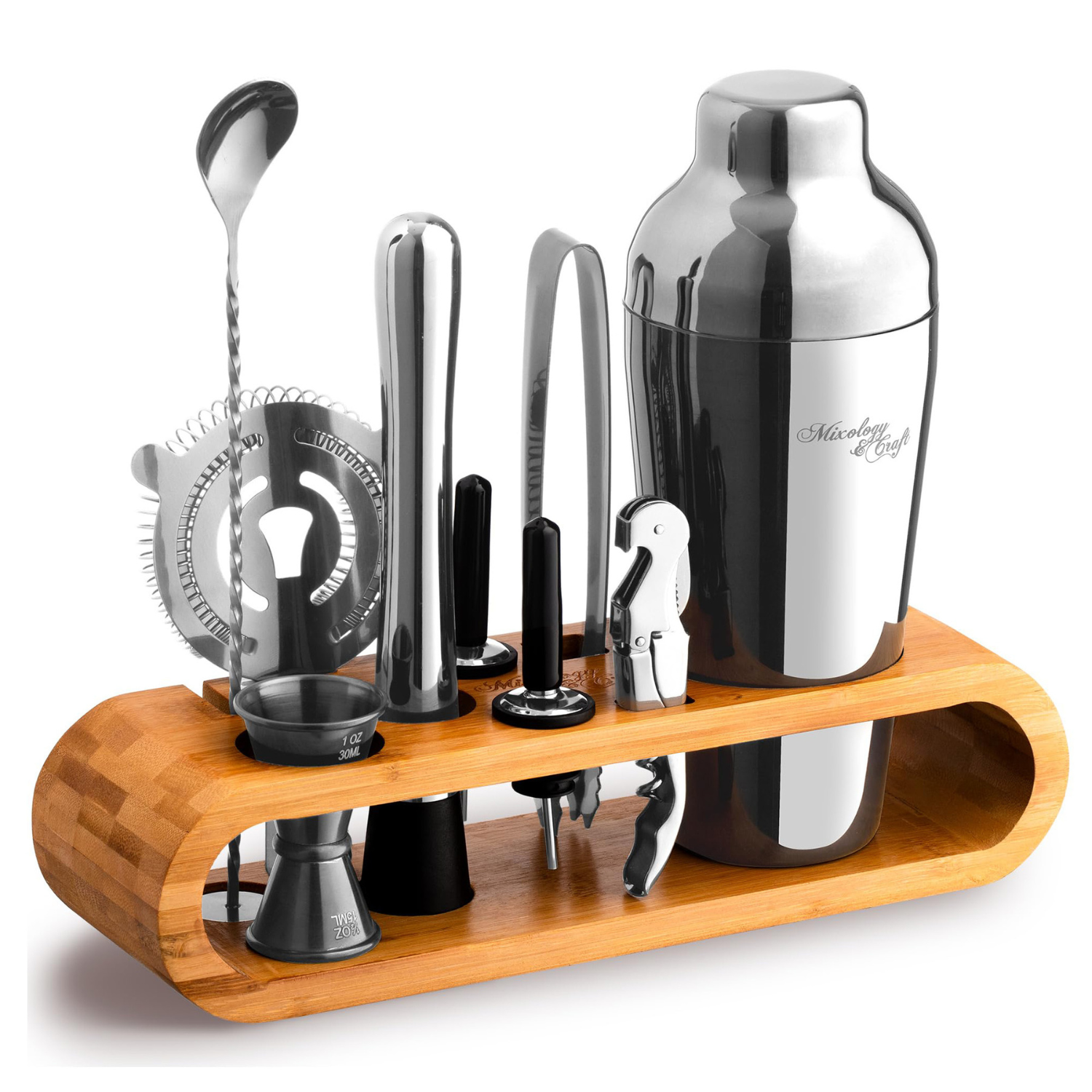 Cocktail Shaker Set – 10-Piece Bartender Kit with Oval Bamboo Stand - Silver by Mixology & Craft