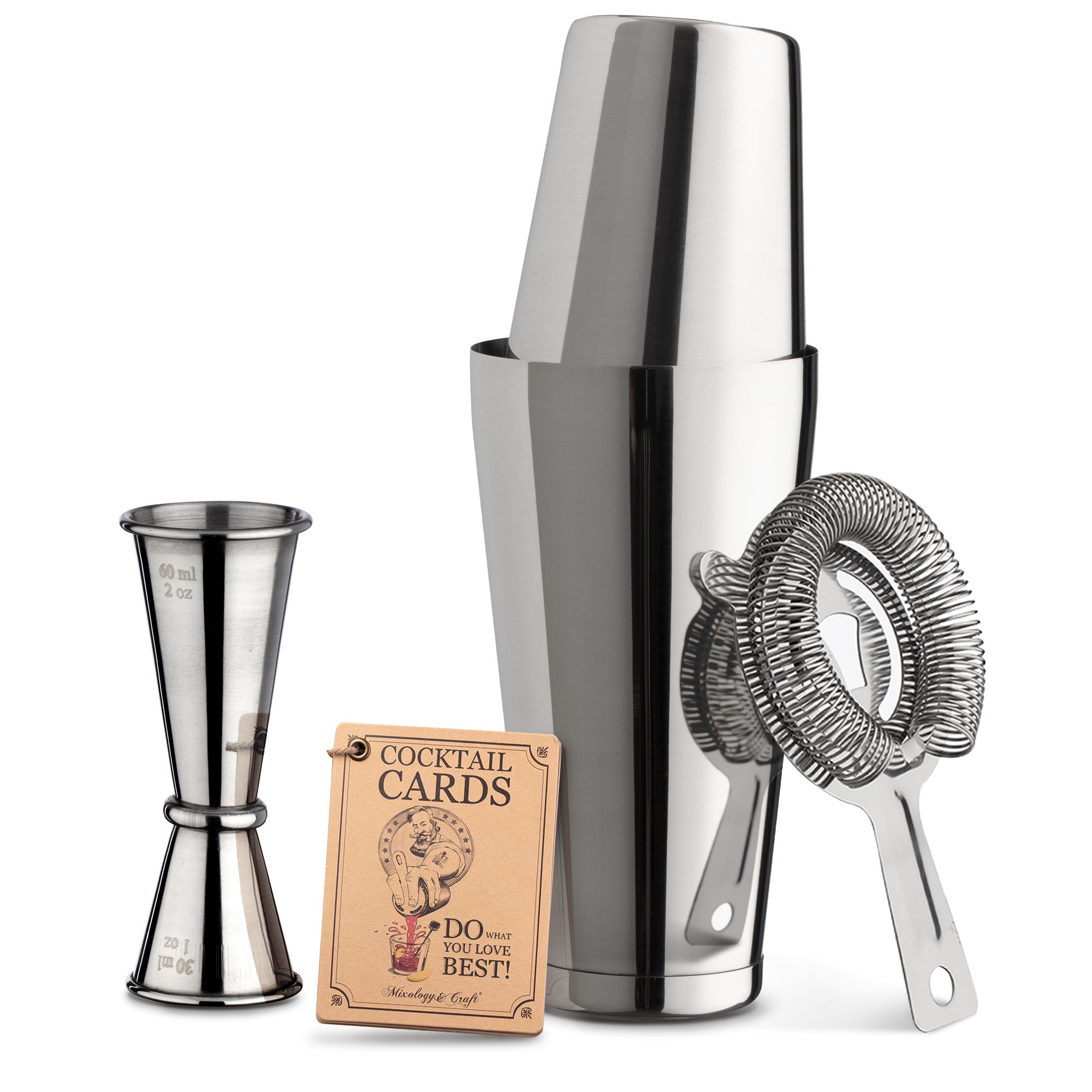 Professional Boston Cocktail Shaker Set – 4 Piece - Silver by Mixology & Craft