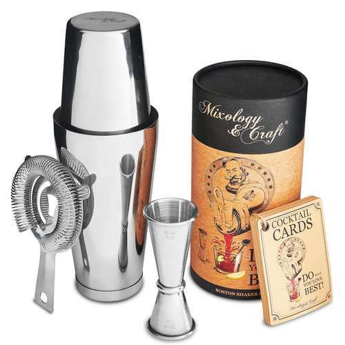 Professional Boston Cocktail Shaker Set – 4 Piece - Silver by Mixology & Craft