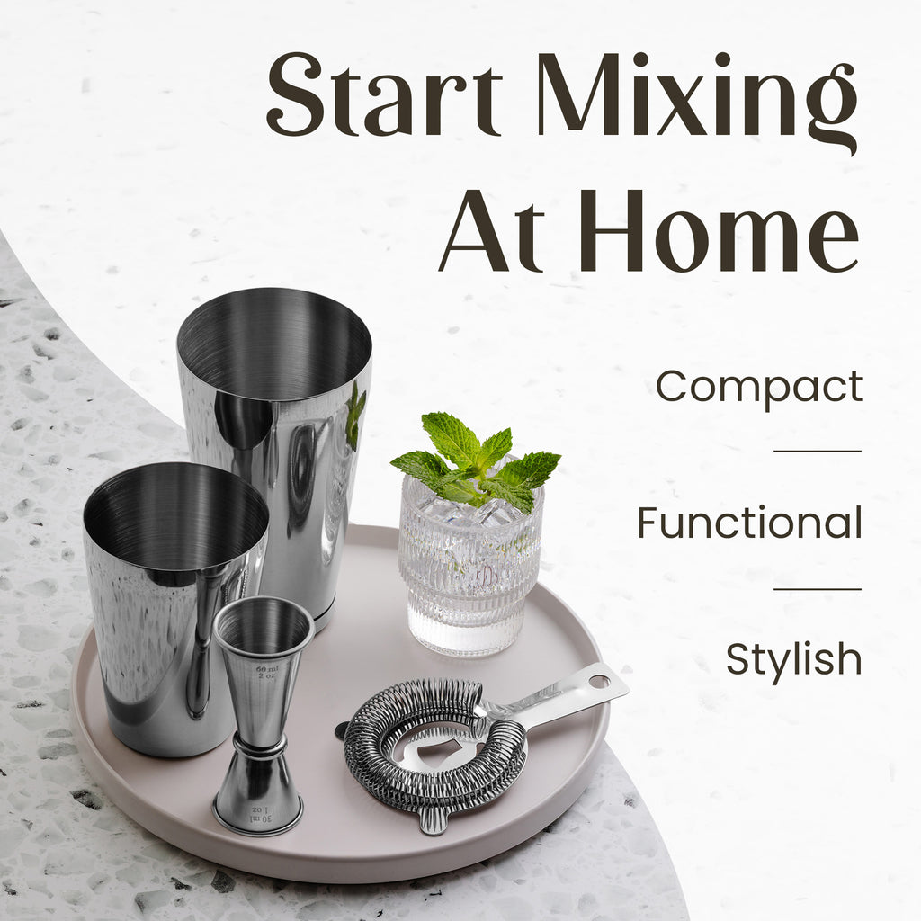 Stainless Steel Boston Cocktail Shaker Set with Jigger and Strainer by Mixology & Craft
