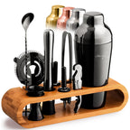 Cocktail Shaker Set – 10-Piece Bartender Kit with Oval Bamboo Stand - Gun Metal by Mixology & Craft