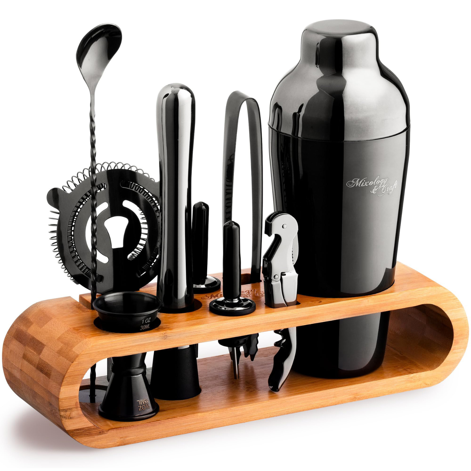 Cocktail Shaker Set – 10-Piece Bartender Kit with Oval Bamboo Stand - Gun Metal by Mixology & Craft