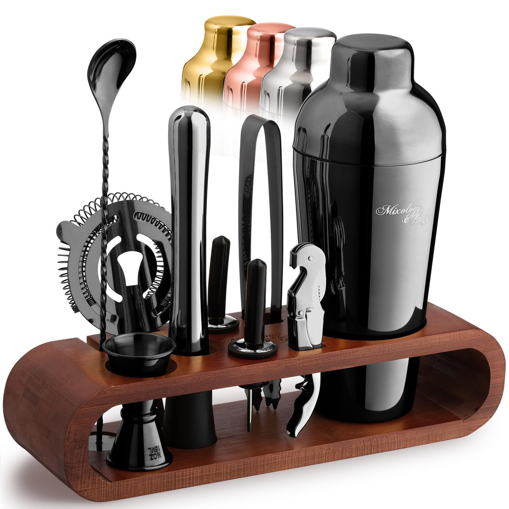 Cocktail Shaker Set – 10-Piece Bartender Kit with Oval Mahogany Stand - Gun Metal by Mixology & Craft