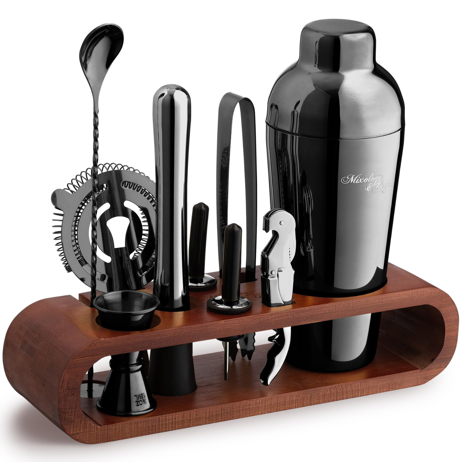 Cocktail Shaker Set – 10-Piece Bartender Kit with Oval Mahogany Stand - Gun Metal by Mixology & Craft