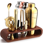 Cocktail Shaker Set – 10-Piece Bartender Kit with Oval Mahogany Stand - Gold by Mixology & Craft