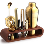 Cocktail Shaker Set – 10-Piece Bartender Kit with Oval Mahogany Stand - Gold by Mixology & Craft