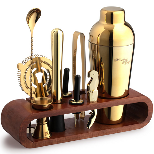 Cocktail Shaker Set – 10-Piece Bartender Kit with Oval Mahogany Stand - Gold by Mixology & Craft