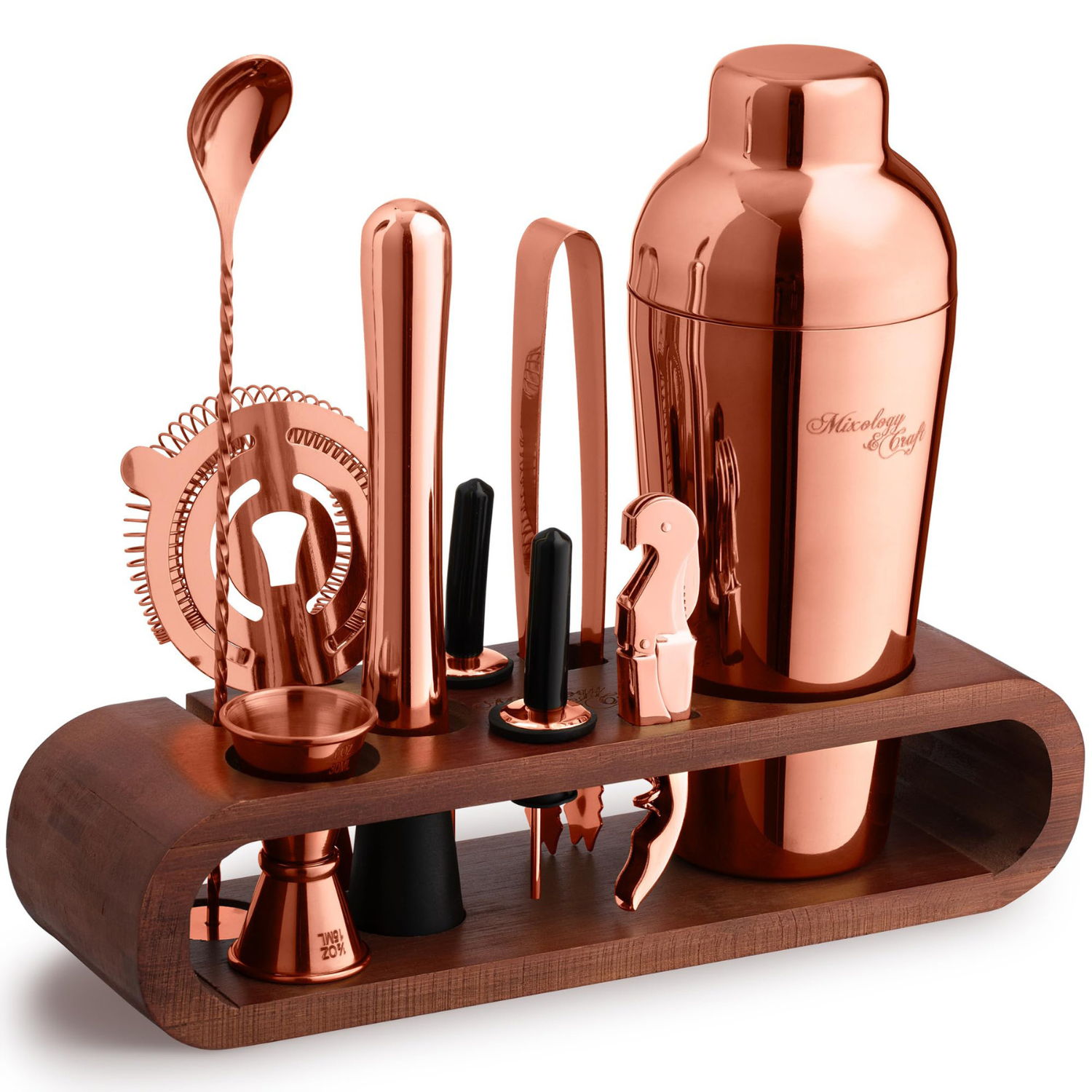 Cocktail Shaker Set – 10-Piece Bartender Kit with Oval Mahogany Stand - Copper by Mixology & Craft