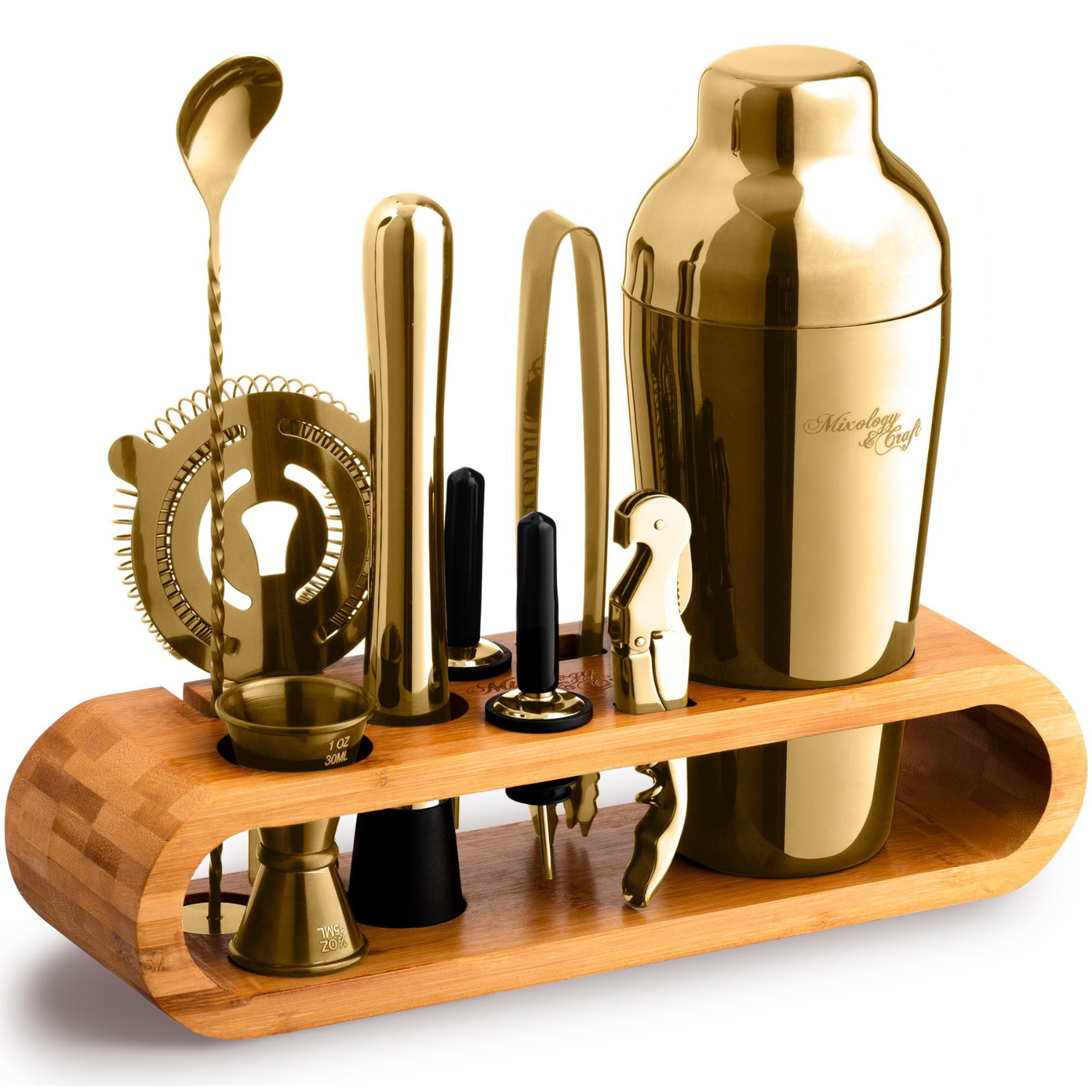 Cocktail Shaker Set – 10-Piece Bartender Kit with Oval Bamboo Stand - Gold by Mixology & Craft