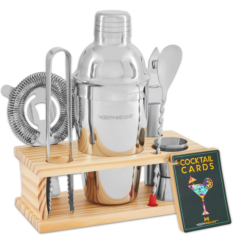 8-Piece Silver Bartender Kit with Wood Stand by Mixology & Craft