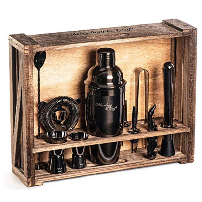 11-Piece Bartender Kit with Rustic Wood Stand - Gun Metal Finish by Mixology & Craft