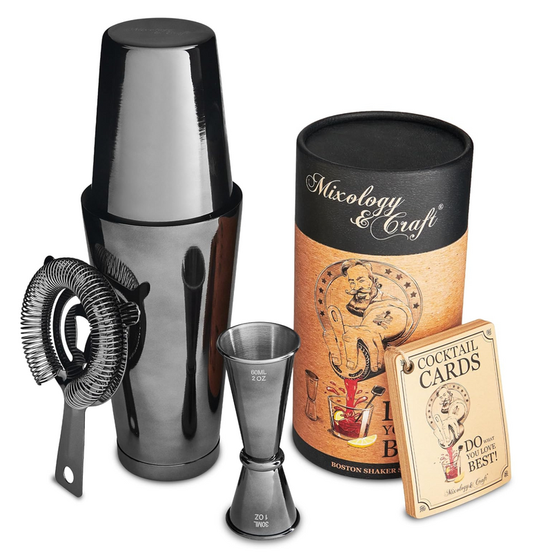 Professional Boston Cocktail Shaker Set – 4 Piece - Black by Mixology & Craft