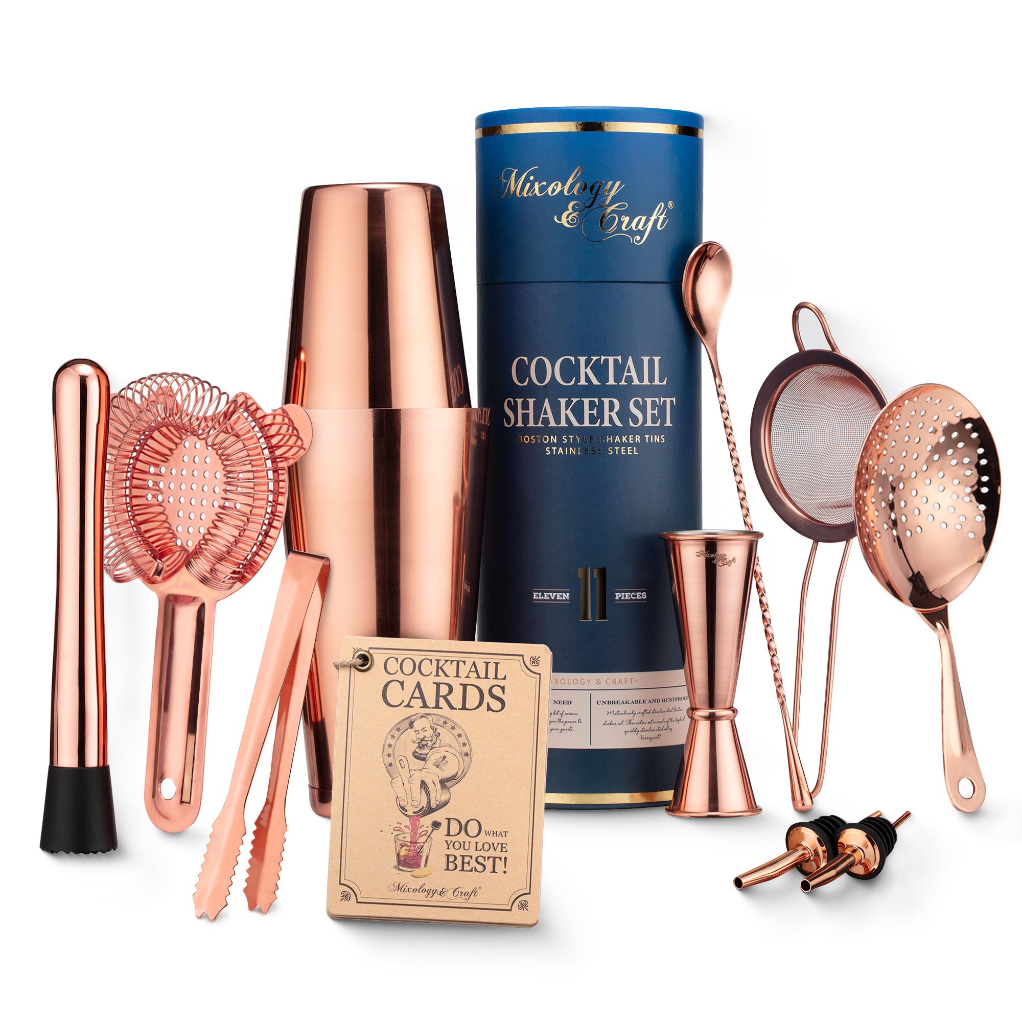 Cocktail Shaker Set – Boston Shaker Bar Tools & Accessories Kit - Copper Finish by Mixology & Craft