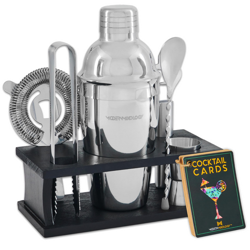 8-Piece Silver Bartender Kit with Black Wood Stand by Mixology & Craft