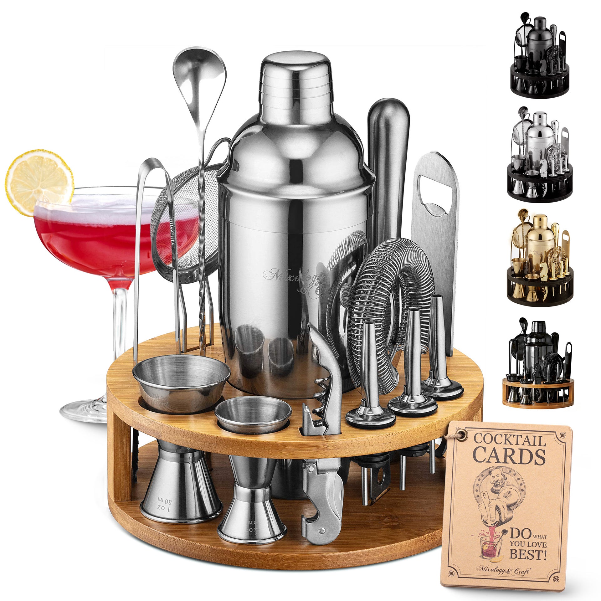 Mixology - Kit da barista con supporto, 15 pezzi, set da bar argentato, shaker per cocktail per miscelare bevande, include shaker Martini, misurino, colino, cucchiaio, pinze, apribottiglie, idea