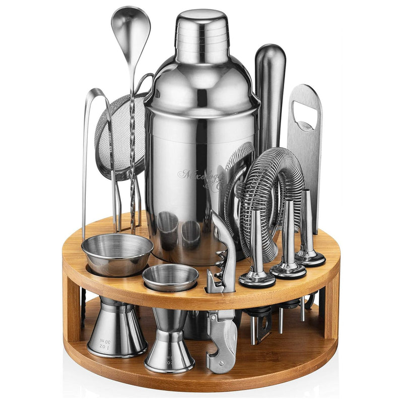 Bartender Kit - 15-Piece with Round Bamboo Stand - Silver by Mixology & Craft