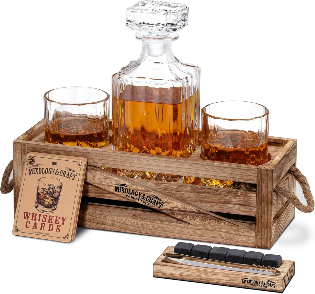 Whiskey Decanter Set with Glasses & Wooden Stand by Mixology & Craft