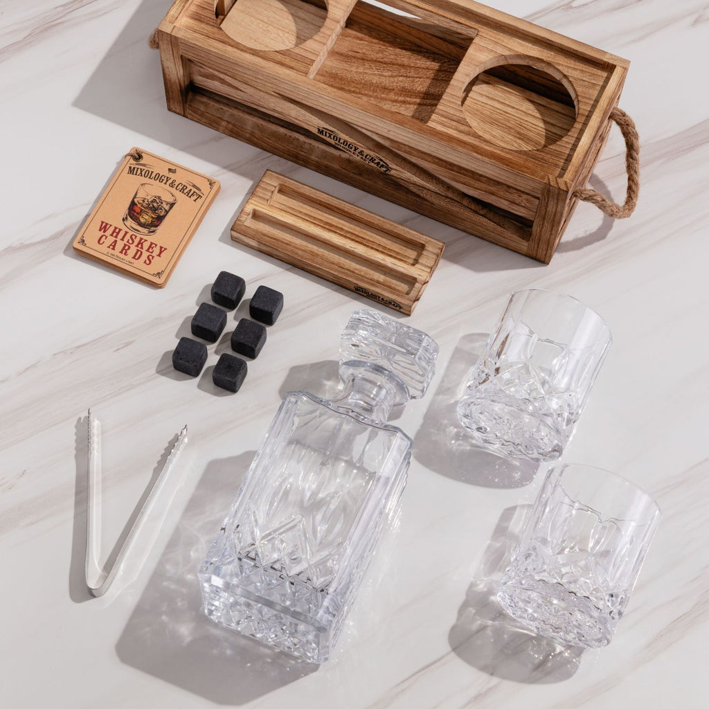 Whiskey Decanter Set with Wood Stand and Tongs by Mixology & Craft