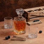 Rustic Wood Stand Holding Whiskey Glasses and Decanter by Mixology & Craft