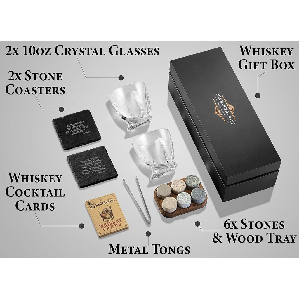 Gift Set for Whiskey Lovers with Glasses and Storage Tray by Mixology & Craft
