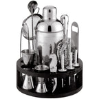 Bartender Kit - 15-Piece with Black Round Bamboo Stand - Silver by Mixology & Craft