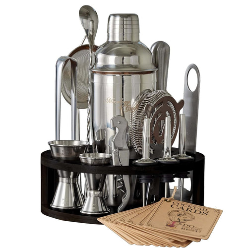 Bartender Kit - 15-Piece with Black Round Bamboo Stand - Silver by Mixology & Craft