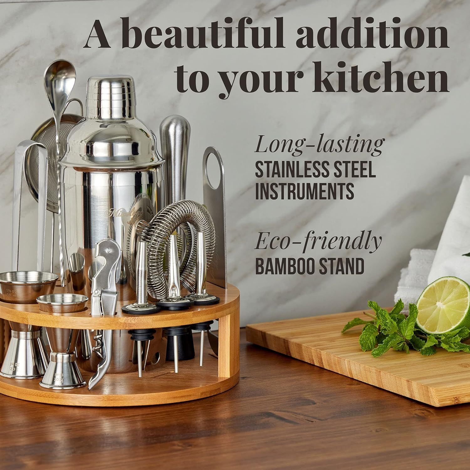 15-Piece Bartender Kit with Stainless Steel Tools and Bamboo Stand for Home Cocktails by Mixology & Craft