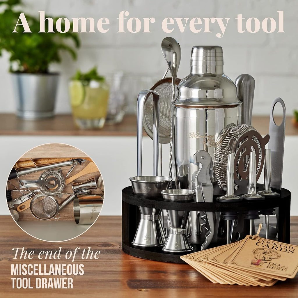 Everything In Its Place — Silver Bartender Tools Arranged in Black Bamboo Stand by Mixology & Craft