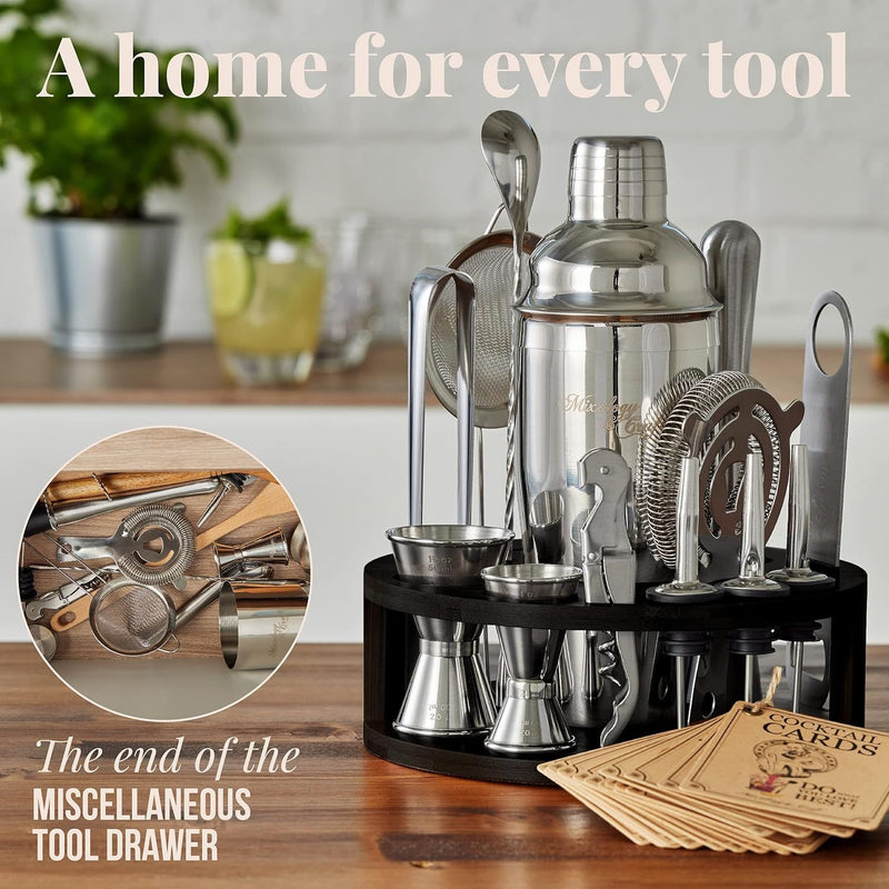 Everything In Its Place — Silver Bartender Tools Arranged in Black Bamboo Stand by Mixology & Craft