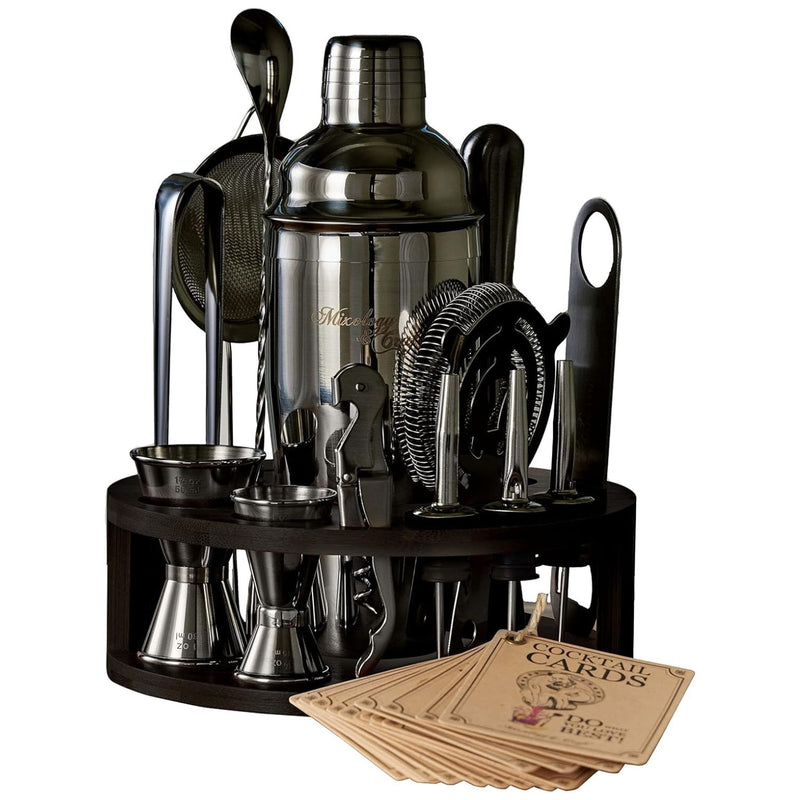 Bartender Kit - 15-Piece with Black Round Bamboo Stand - Black by Mixology & Craft