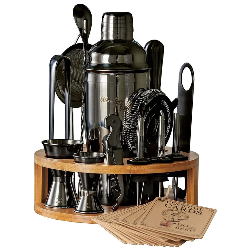 Bartender Kit - 15-Piece with Round Bamboo Stand - Black by Mixology & Craft