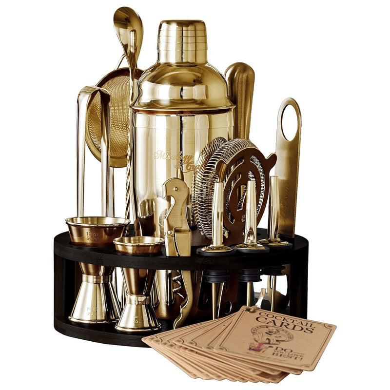 Bartender Kit - 15-Piece with Black Round Bamboo Stand - Gold by Mixology & Craft