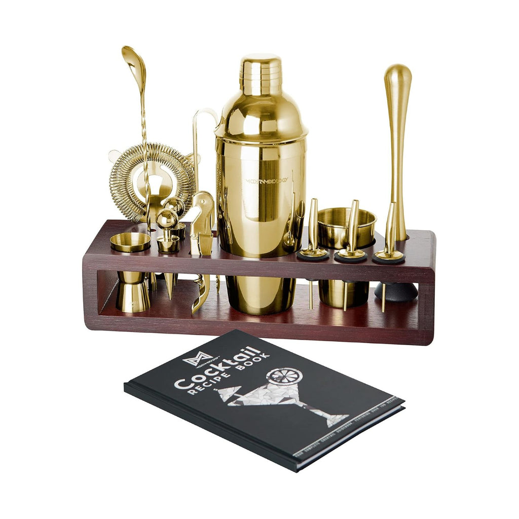 24-Piece Bartender Kit with Dark Wood Stand - Goldl by Mixology & Craft