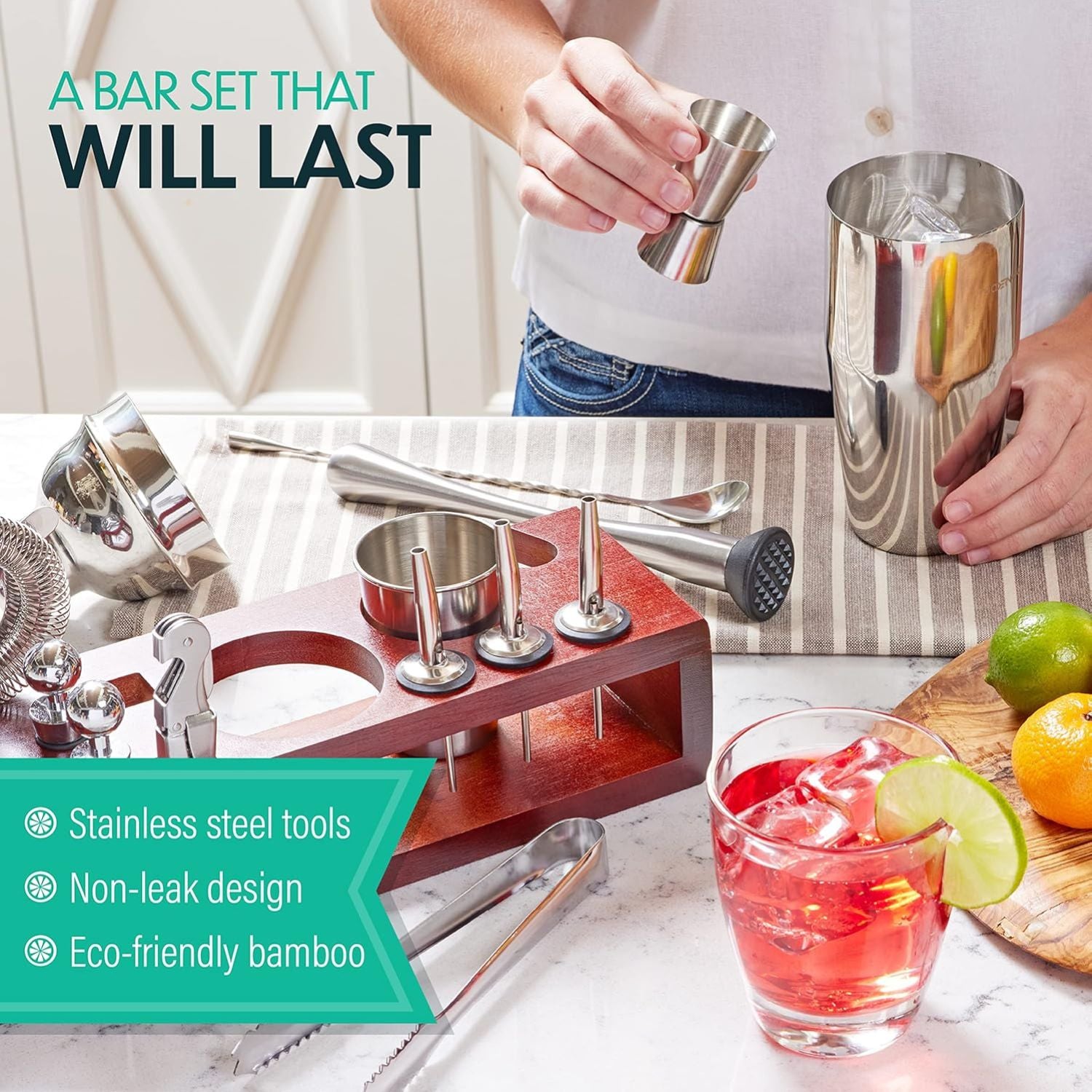 Durable Stainless Steel Bar Set with Bamboo Stand by Mixology & Craft