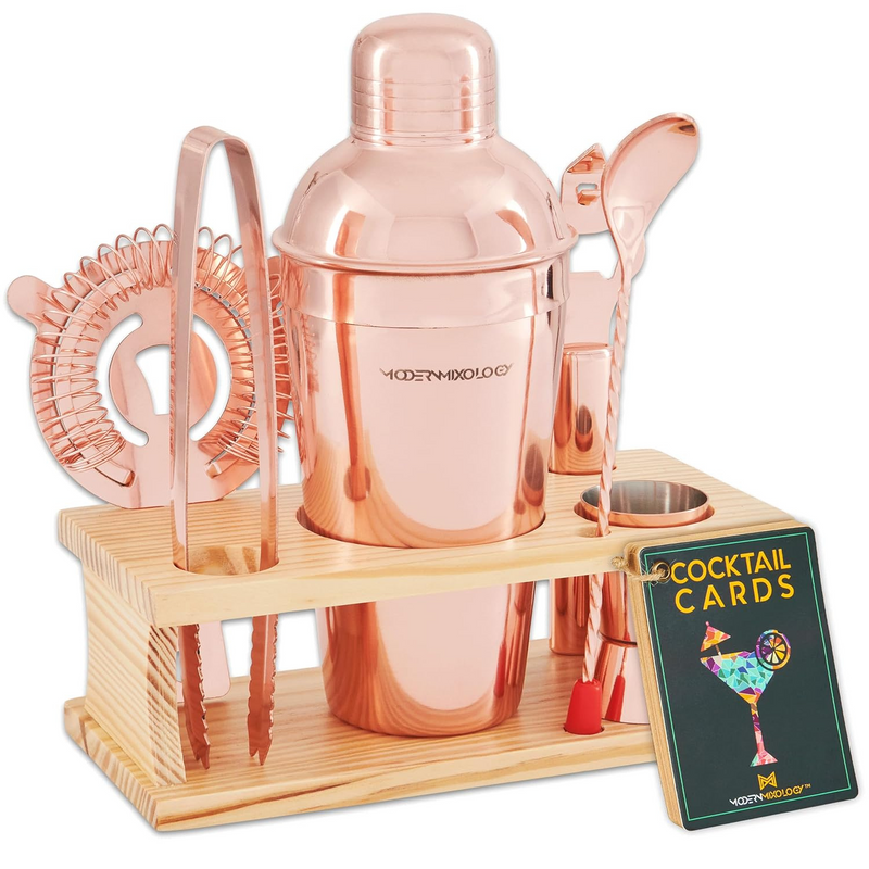 8-Piece Rose Gold Bartender Kit with Wood Stand by Mixology & Craft