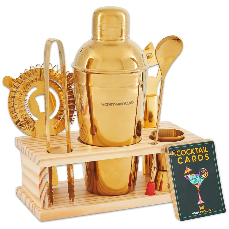 8-Piece Gold Bartender Kit with Wood Stand by Mixology & Craft