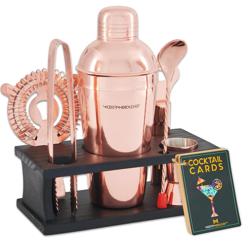 8-Piece Rose Gold Bartender Kit with Black Wood Stand by Mixology & Craft