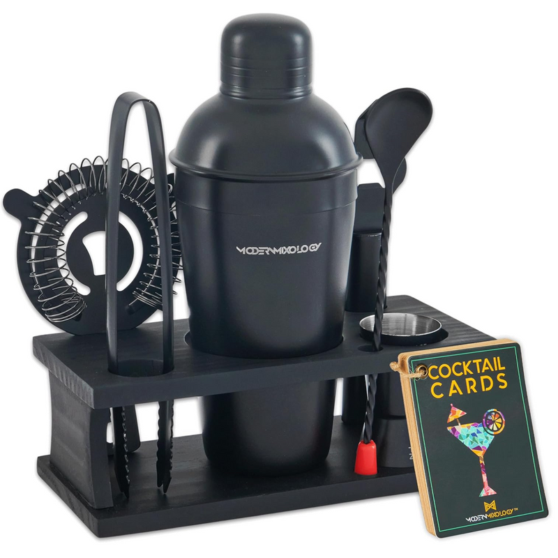 8-Piece Matte Black Bartender Kit with Black Wood Stand by Mixology & Craft